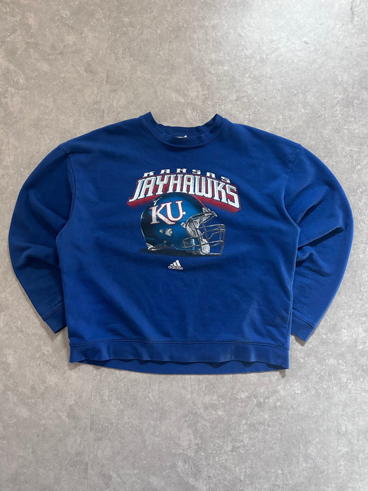 2000s Vintage Kansas Jayhawks Adidas Football Blue Crewneck Size XL - XL | Martin City Vintage