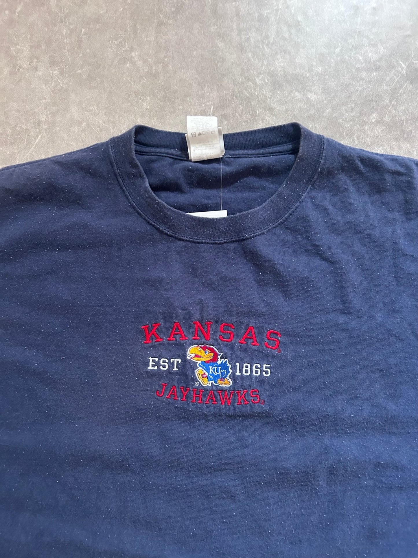 2000s Vintage Kansas Jayhawks Embroidered Navy T Shirt Size XXL - XXL | Martin City Vintage