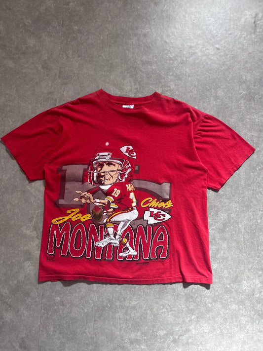 90s Vintage Kansas City Chiefs Joe Montana Caricature Red T Shirt Size XL - XL | Martin City Vintage