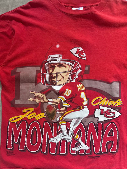 90s Vintage Kansas City Chiefs Joe Montana Caricature Red T Shirt Size XL - XL | Martin City Vintage