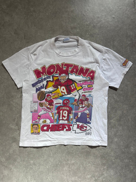90s Vintage Kansas City Chiefs Joe Montana Salem Sportswear Comic White T Shirt Size L - L | Martin City Vintage