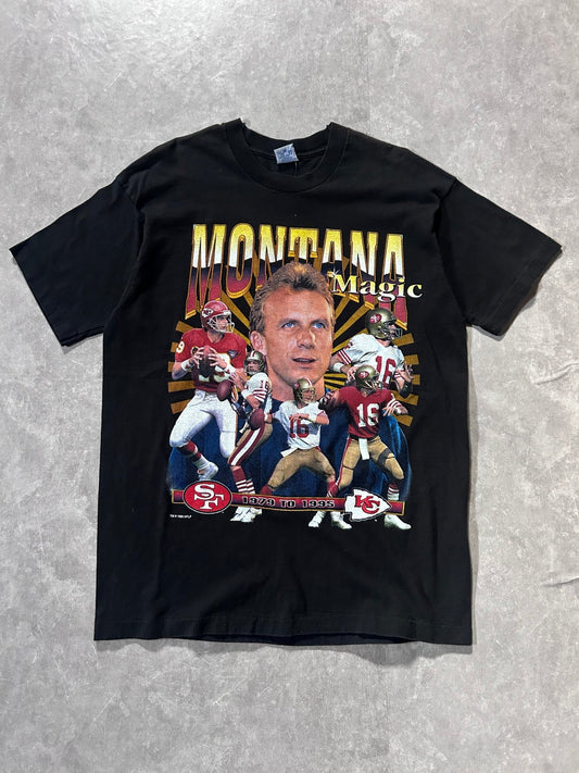 90s Vintage Joe Montana Kansas City Chiefs San Francisco 49ers Salem Sportswear Black Rap T Shirt Size L - L | Martin City Vintage