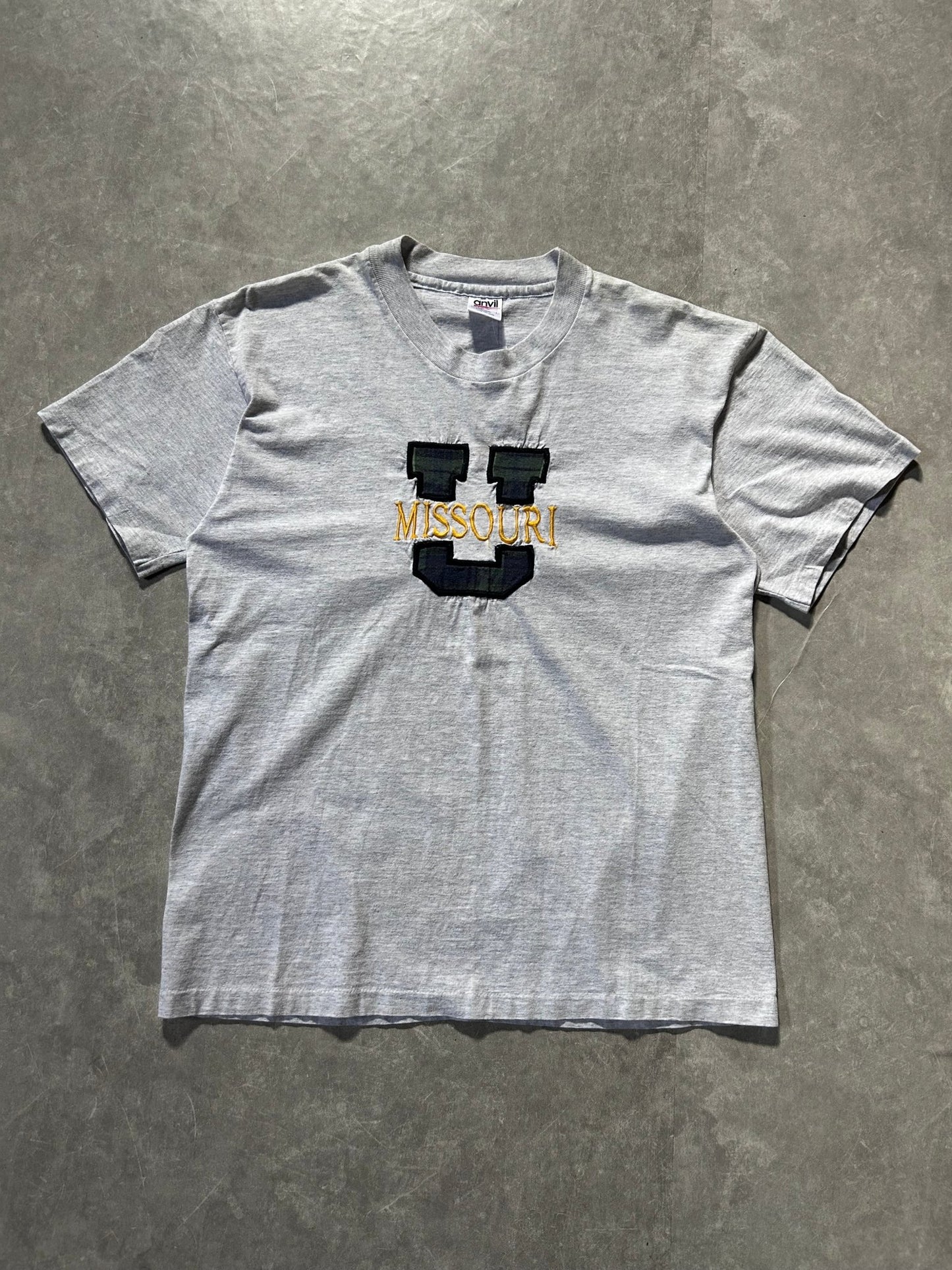 90s Vintage Mizzou Tigers Embroidered Heather Gray T Shirt Size L - L | Martin City Vintage