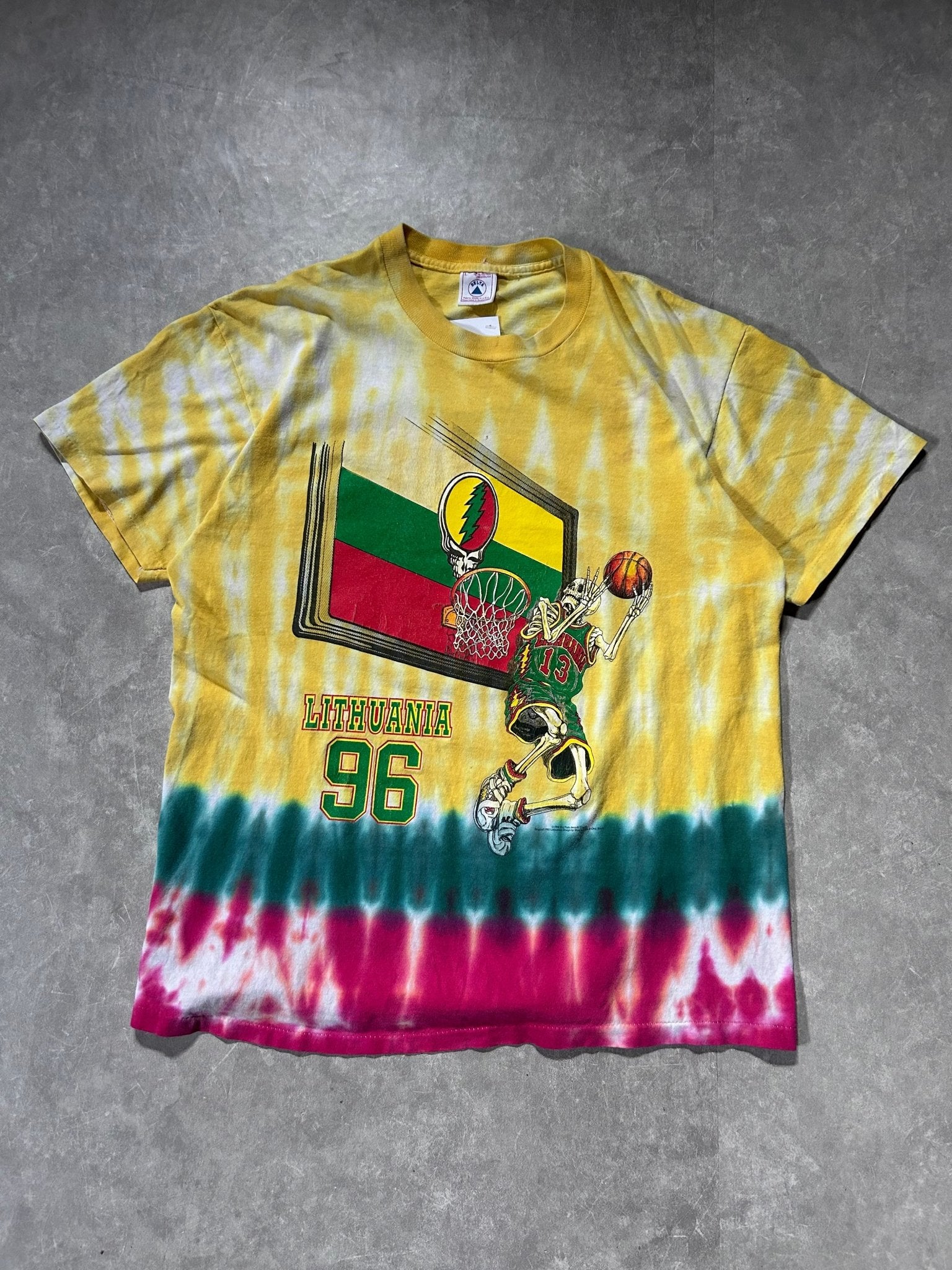 1996 Vintage Grateful Dead Lithuania Basketball Jerry Garcia Tribute Yellow Tie Dye T Shirt Size L - L | Martin City Vintage
