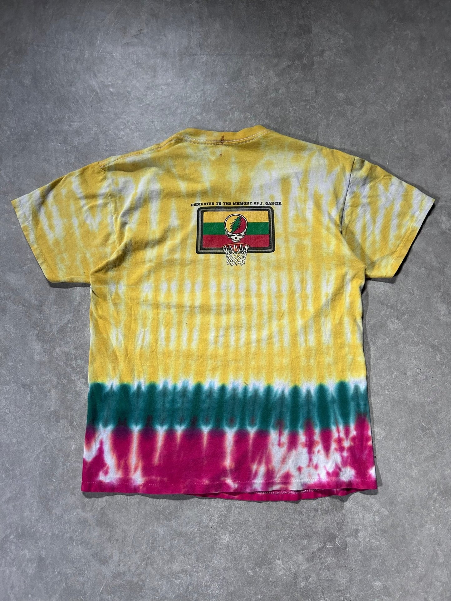 1996 Vintage Grateful Dead Lithuania Basketball Jerry Garcia Tribute Yellow Tie Dye T Shirt Size L - L | Martin City Vintage