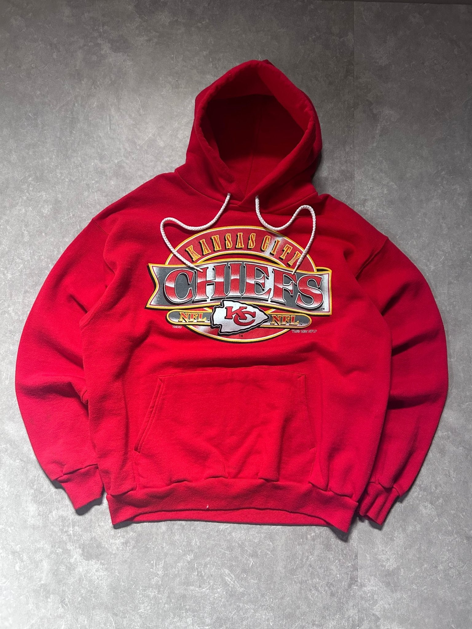 90s Vintage Kansas City Chiefs Chrome Print Red Hoodie Size XL - XL | Martin City Vintage