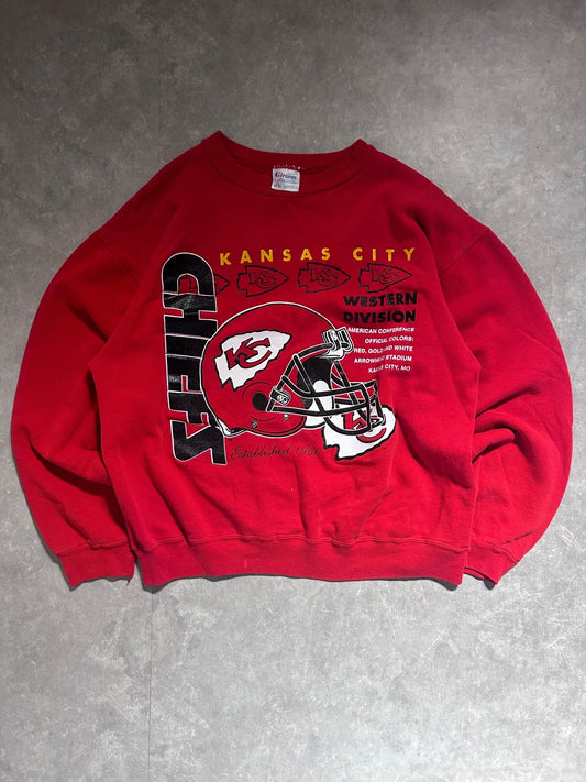 90s Vintage Kansas City Chiefs Helmet Red Crewneck Size XL - XL | Martin City Vintage