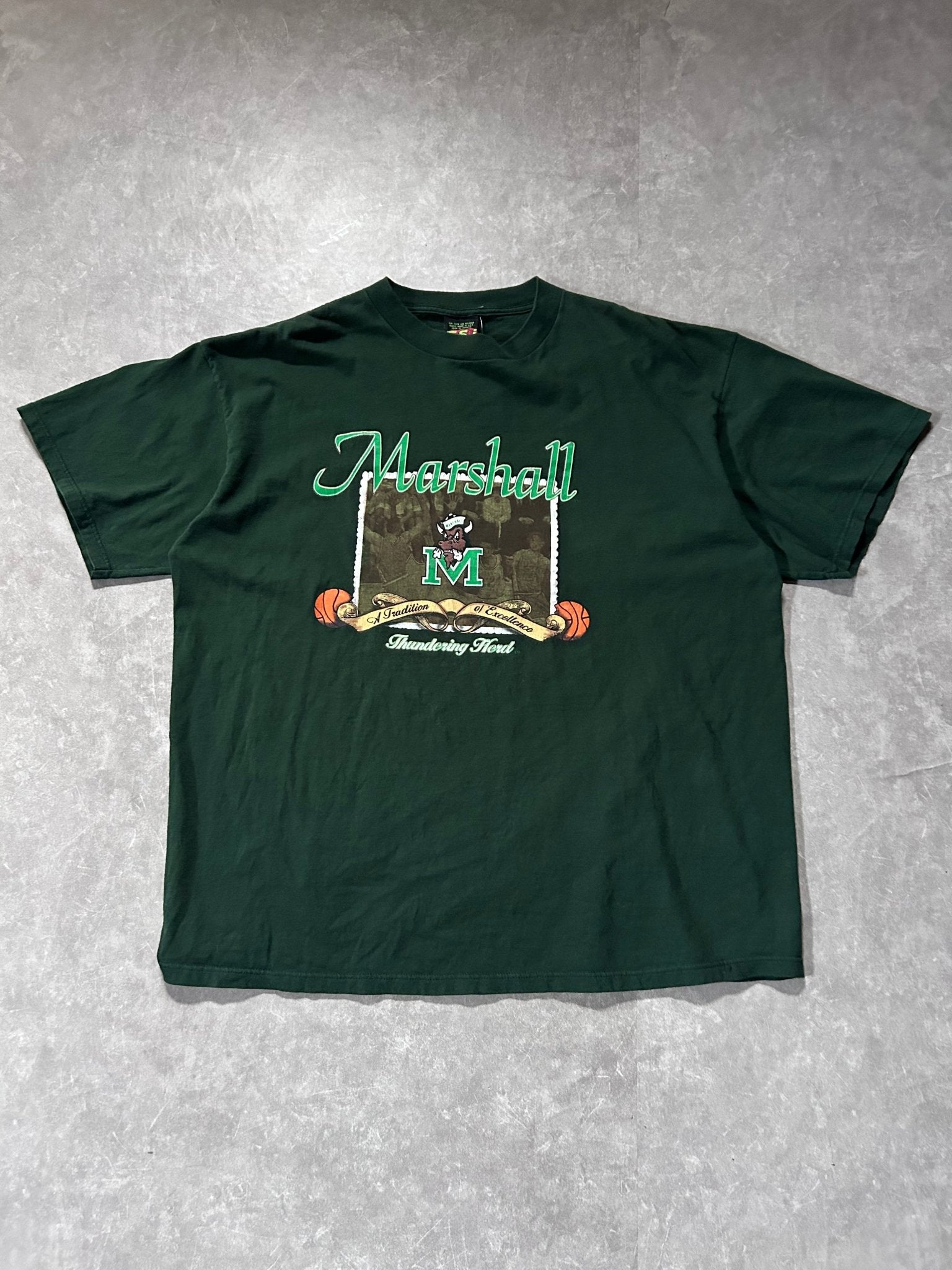 90s Vintage Marshall Thundering Herd Basketball Green T Shirt Size XXL - XXL | Martin City Vintage