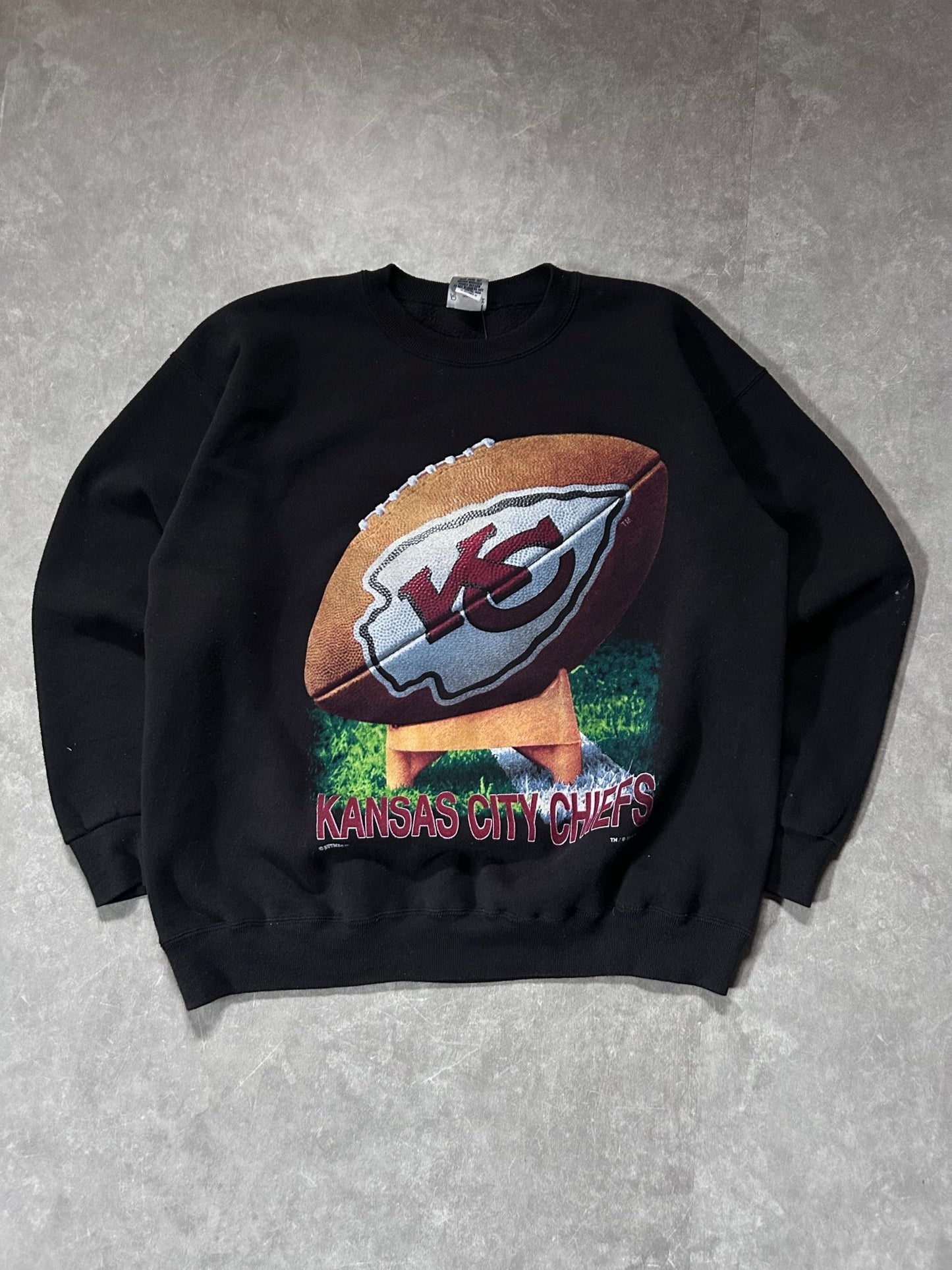 90s Vintage Kansas City Chiefs Kicking Tee Black Crewneck Size XL - XL | Martin City Vintage