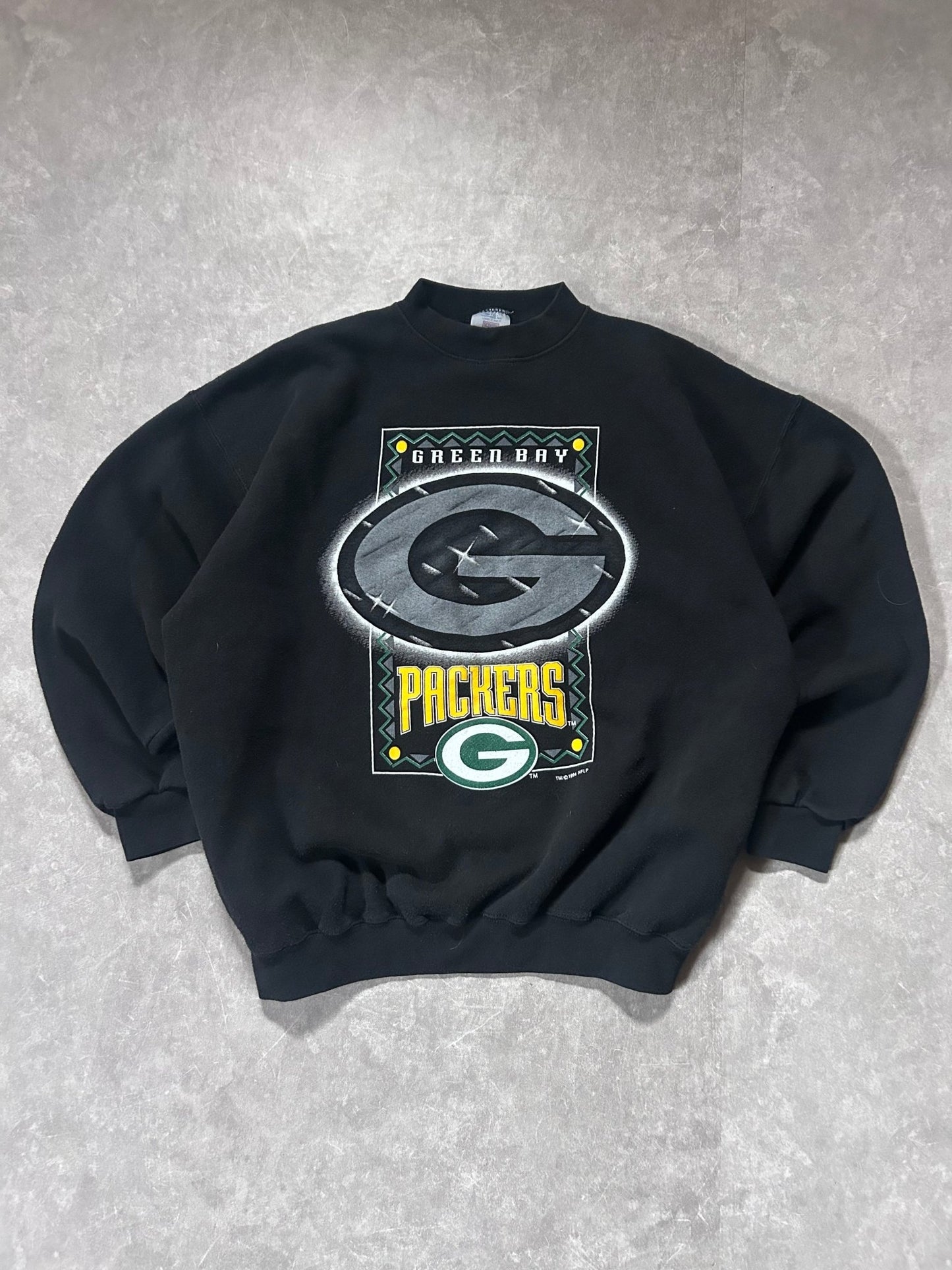 90s Vintage Green Bay Packers Chrome Print Black Crewneck Size XL - XL | Martin City Vintage