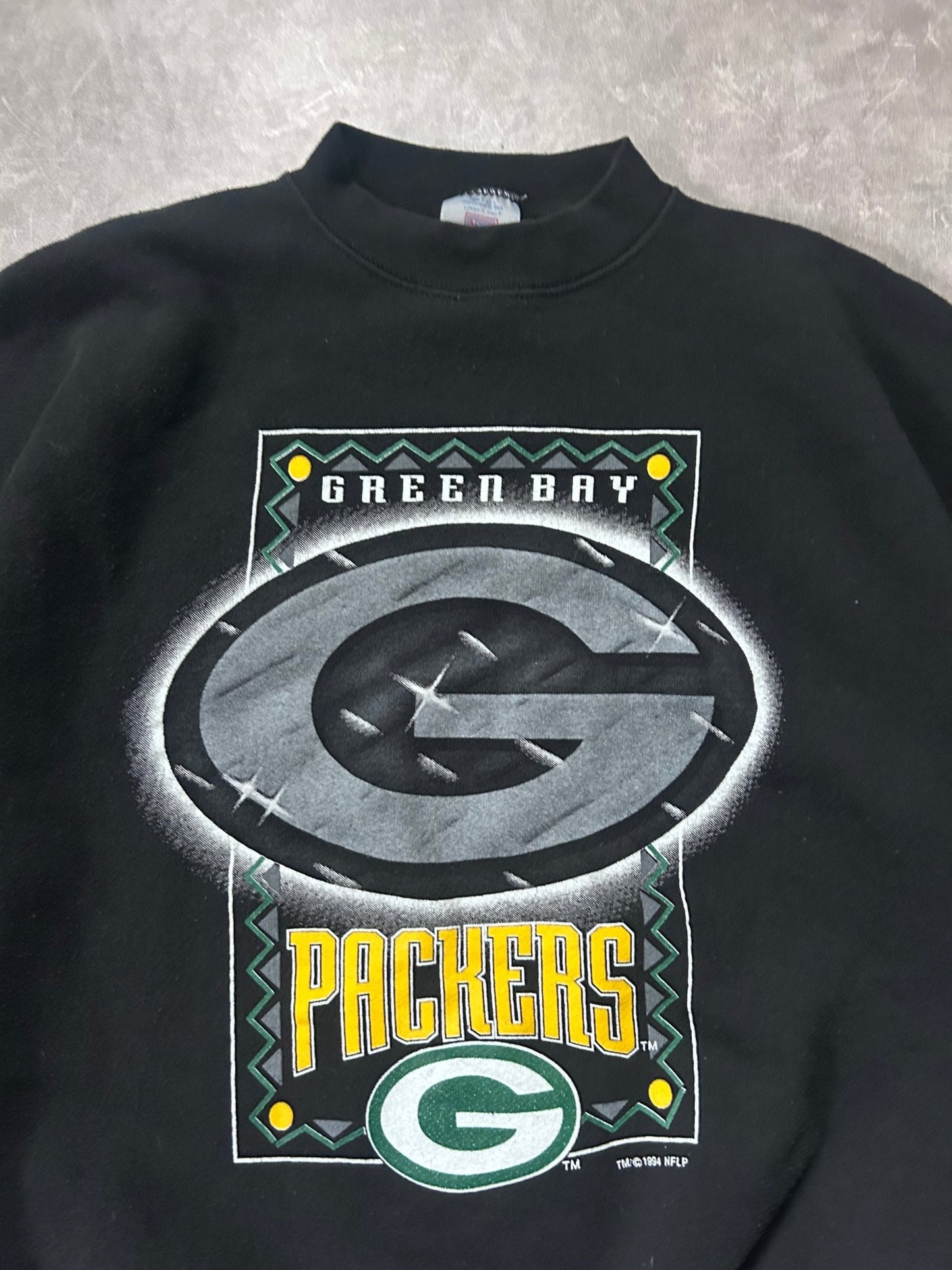 90s Vintage Green Bay Packers Chrome Print Black Crewneck Size XL - XL | Martin City Vintage