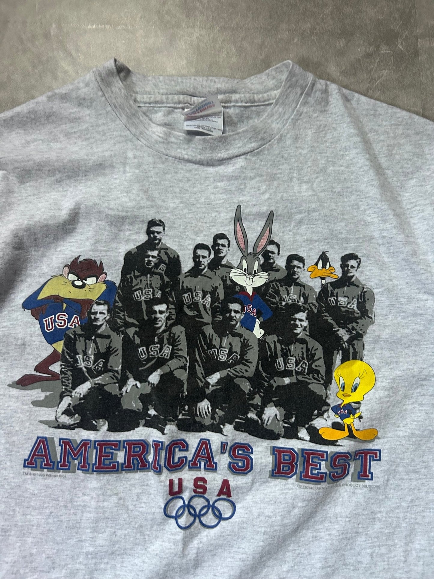 90s Vintage Olympics USA Looney Tunes Heather Grey T Shirt Size L - L | Martin City Vintage