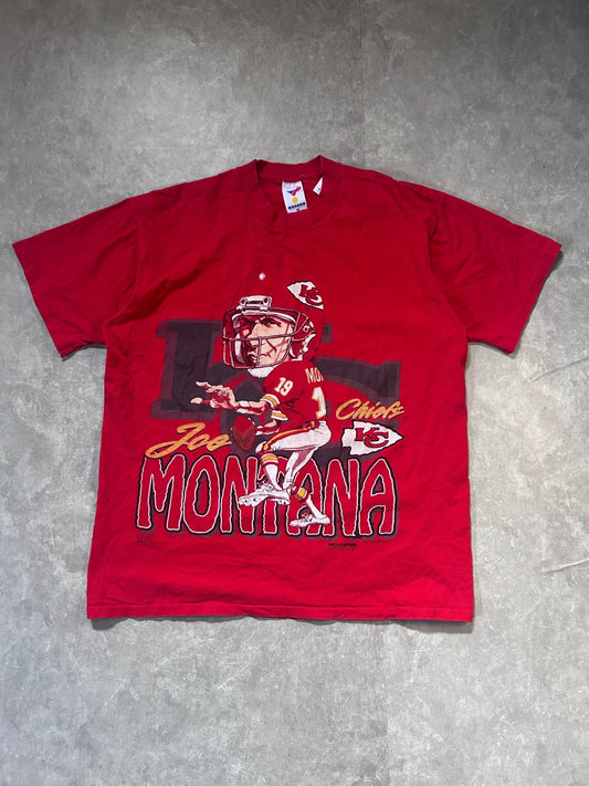 90s Vintage Kansas City Joe Montana Caricature Red T Shirt Size XL - XL | Martin City Vintage