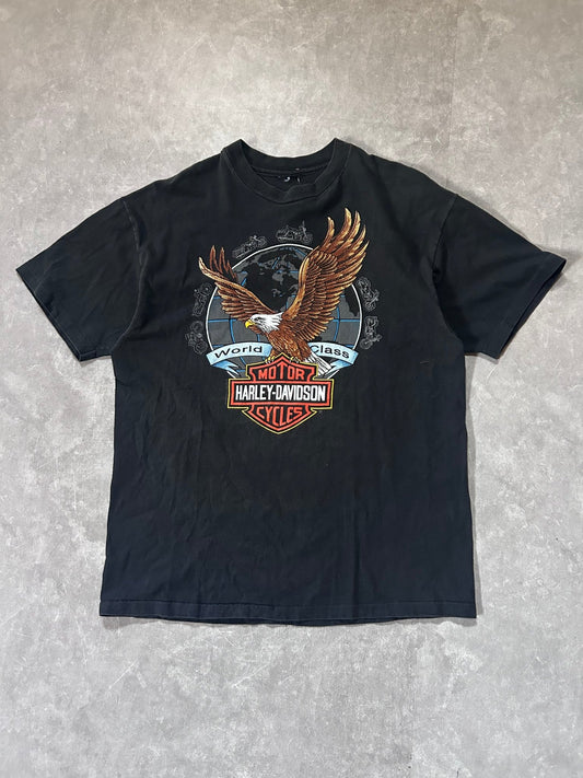 90s Vintage Harley Davidson Globe Eagle Black T Shirt Size L - L | Martin City Vintage