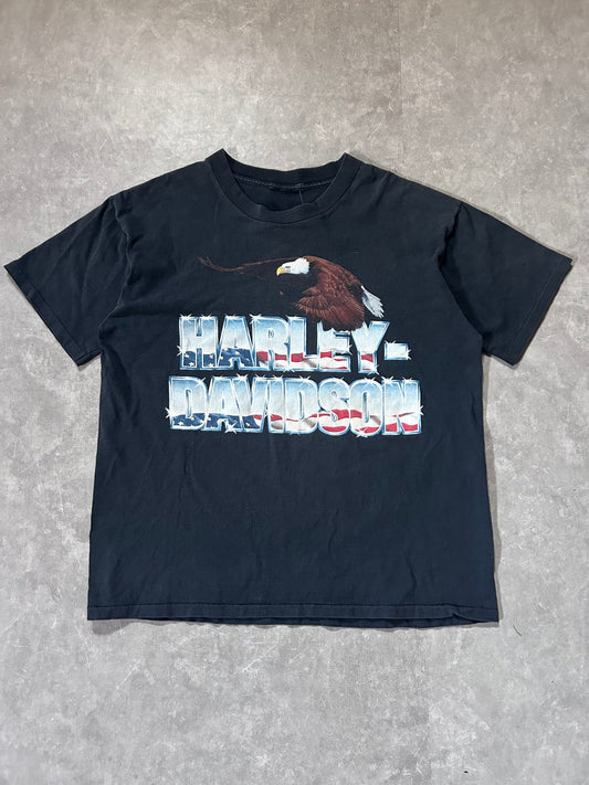 90s Vintage Harley Davidson Chrome USA Letters Eagle Black T Shirt Size XL - XL | Martin City Vintage