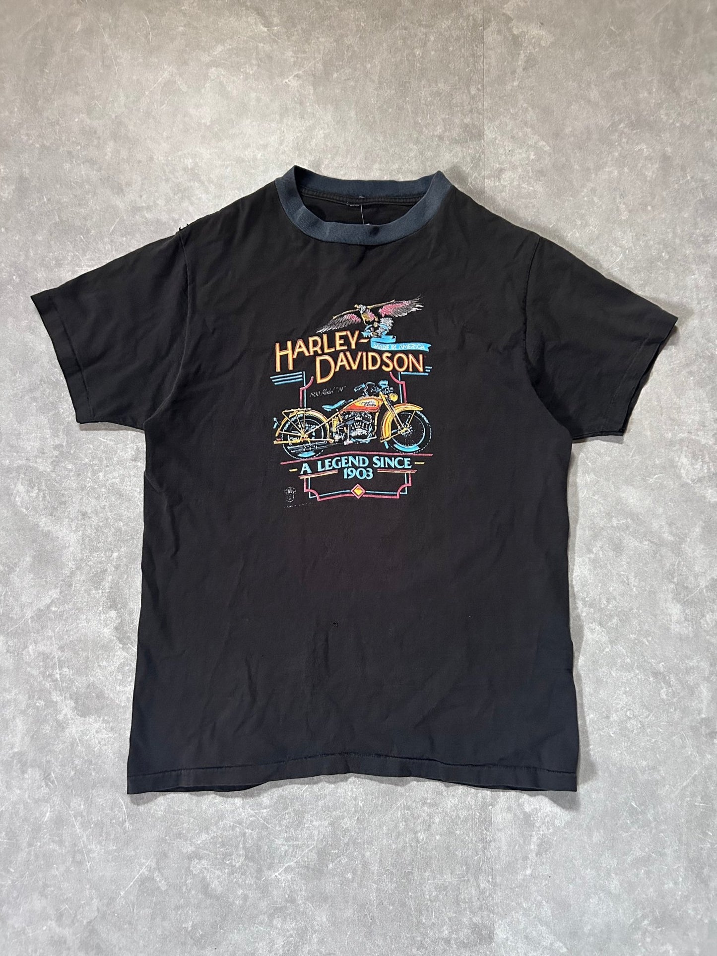 90s Vintage Harley Davidson 1930 Model "74" 3D Emblem Faded Black T Shirt Size L - L | Martin City Vintage