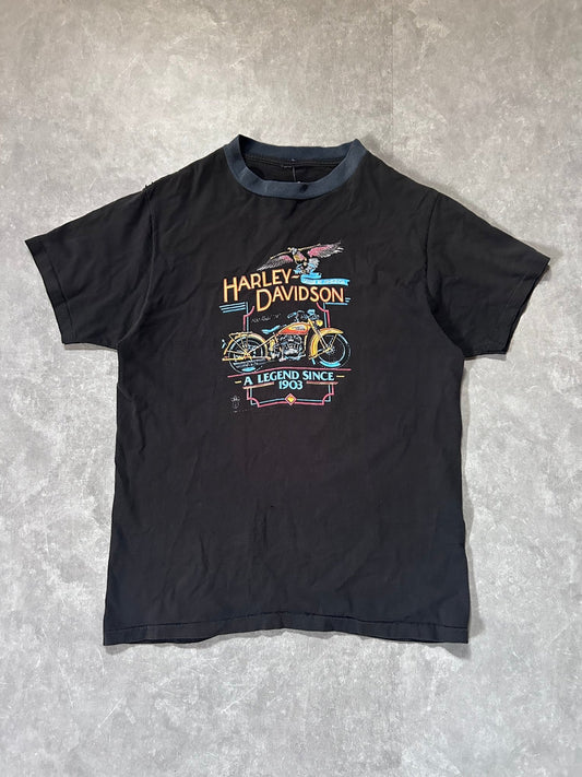 90s Vintage Harley Davidson 1930 Model "74" 3D Emblem Faded Black T Shirt Size L - L | Martin City Vintage