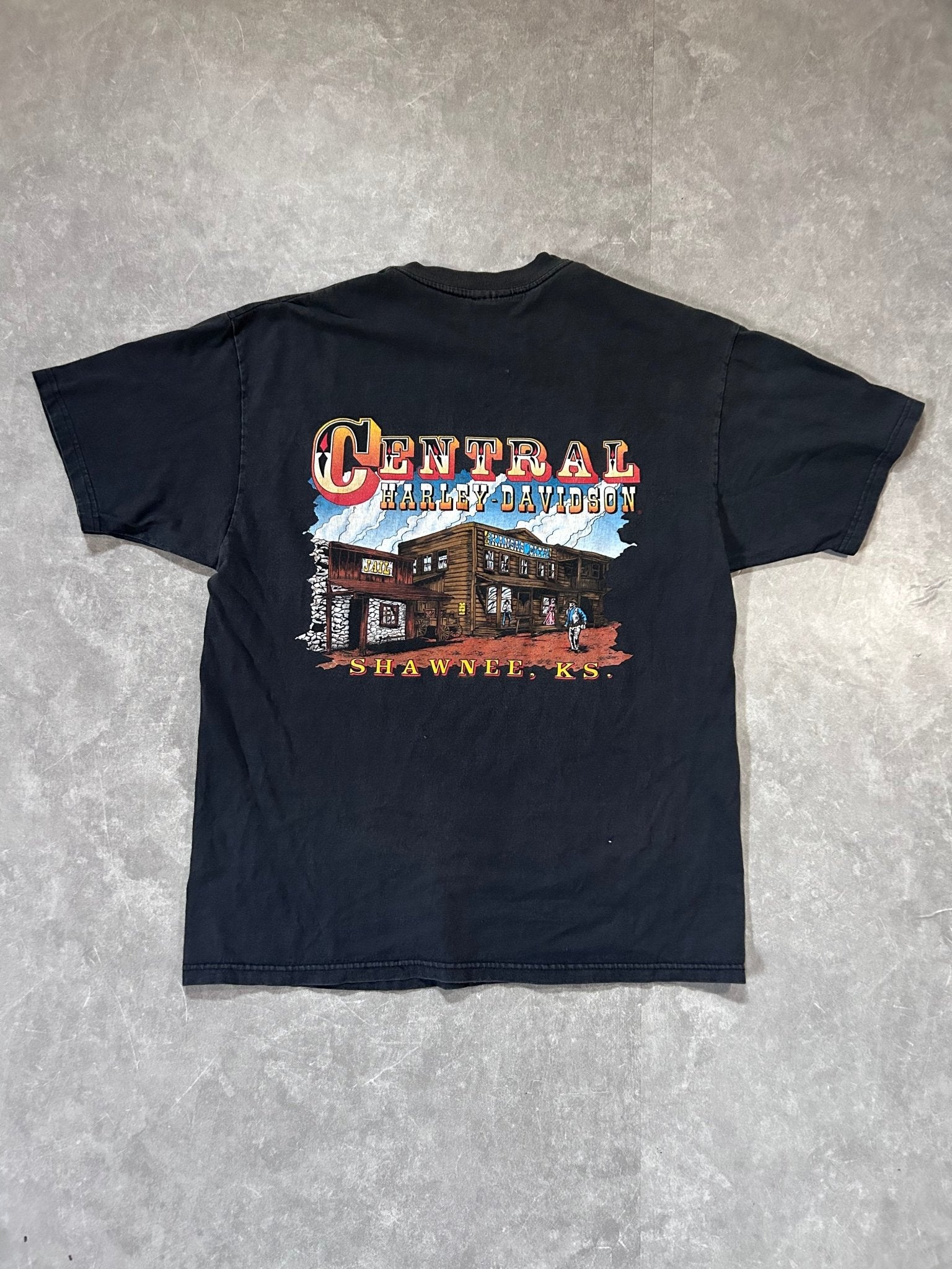 90s Vintage Harley Davidson Shawnee, KS Faded Black T Shirt Size XL - XL | Martin City Vintage