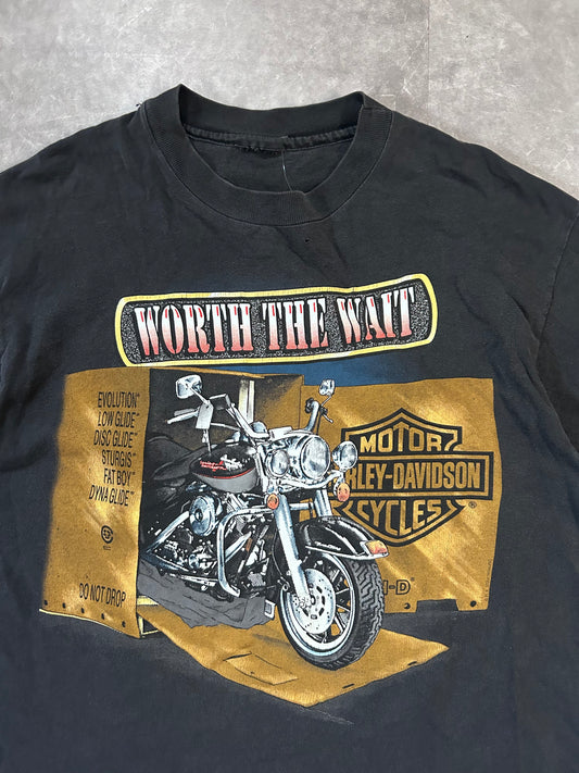 90s Vintage Harley Davidson Worth the Wait Faded Black T Shirt Size XL