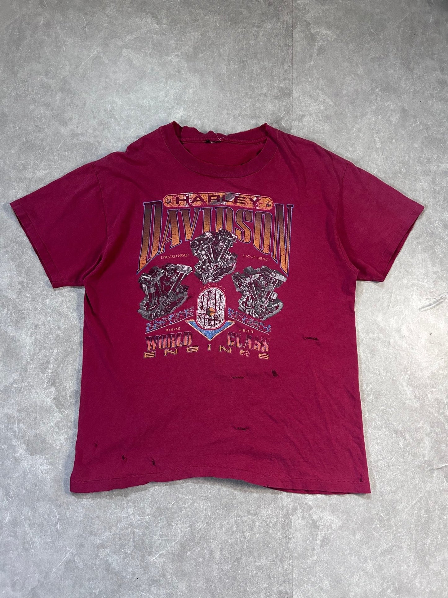 90s Vintage Harley Davidson Distressed Repaired Red T Shirt Size L