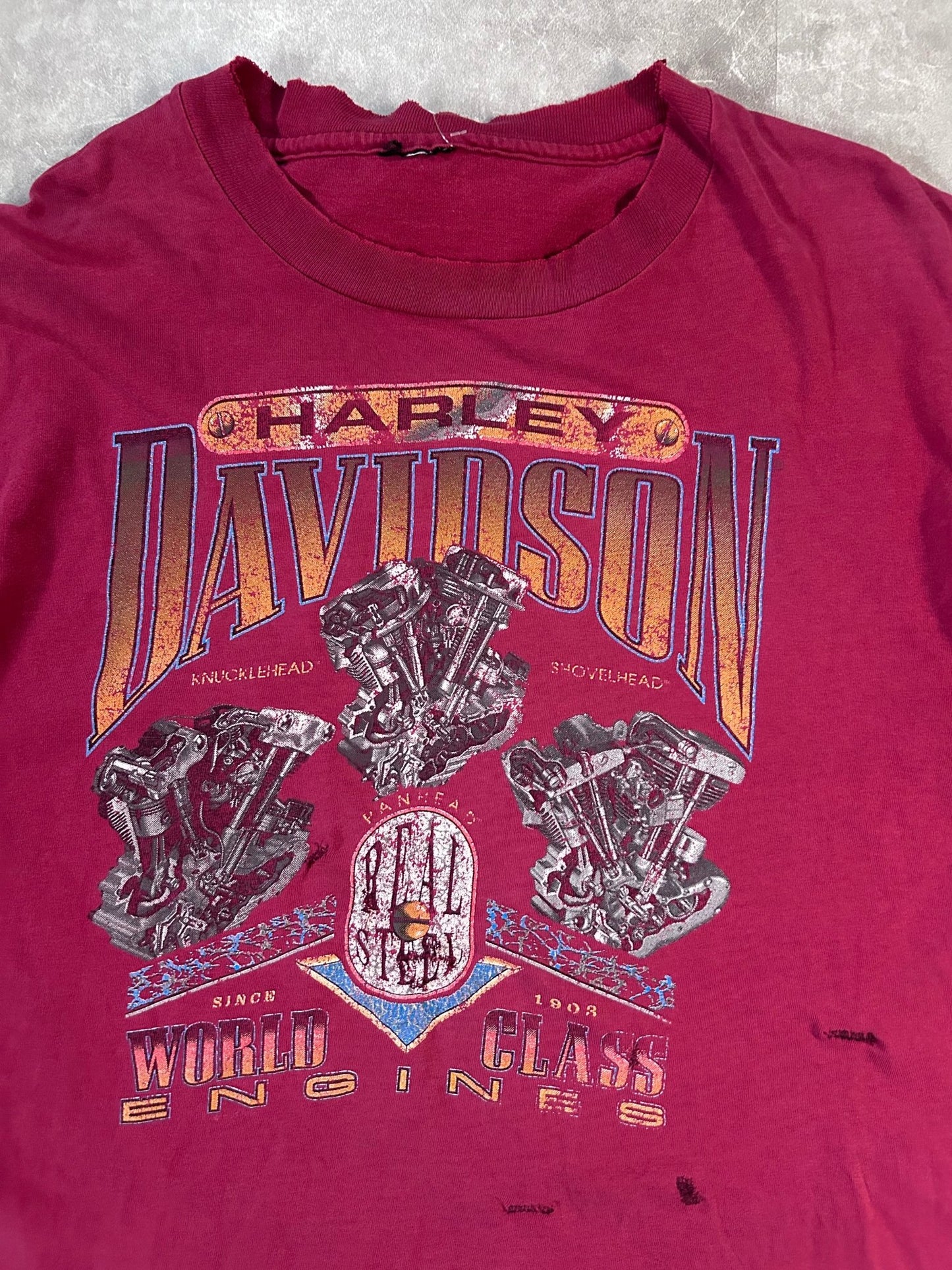 90s Vintage Harley Davidson Distressed Repaired Red T Shirt Size L