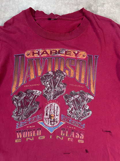 90s Vintage Harley Davidson Distressed Repaired Red T Shirt Size L