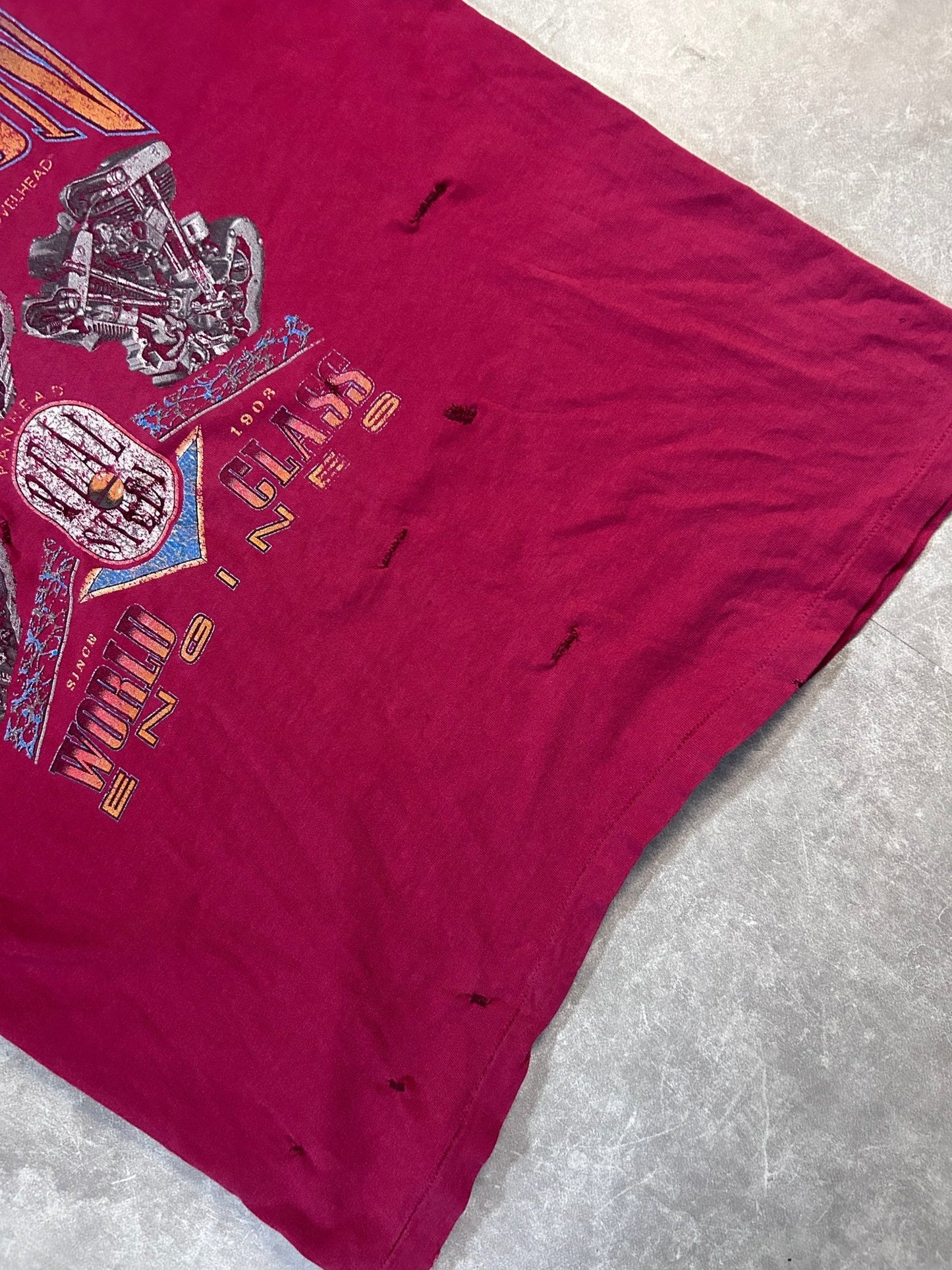90s Vintage Harley Davidson Distressed Repaired Red T Shirt Size L