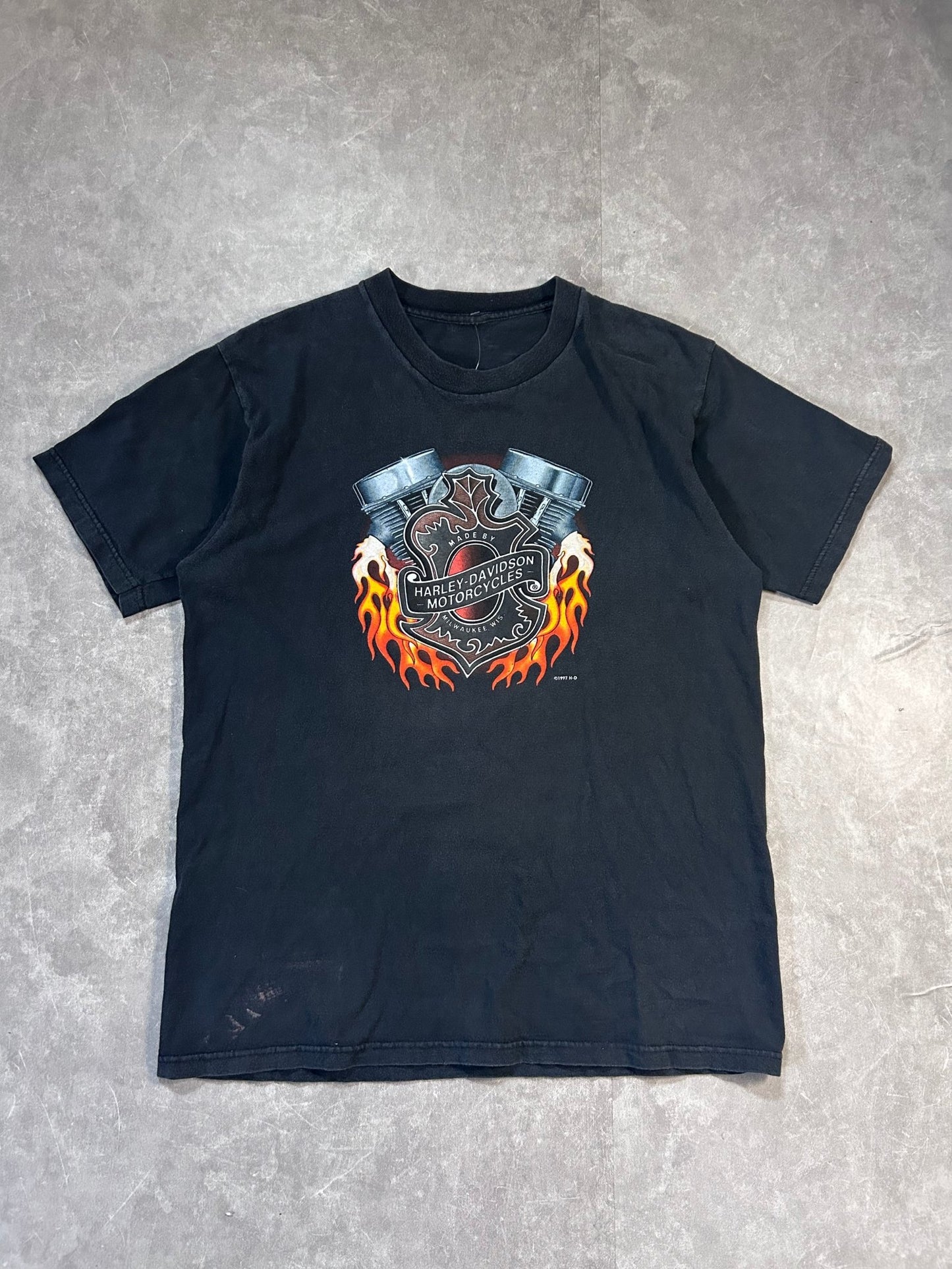 1997 Vintage Harley Davidson Flaming Engine Faded Black T Shirt Size L