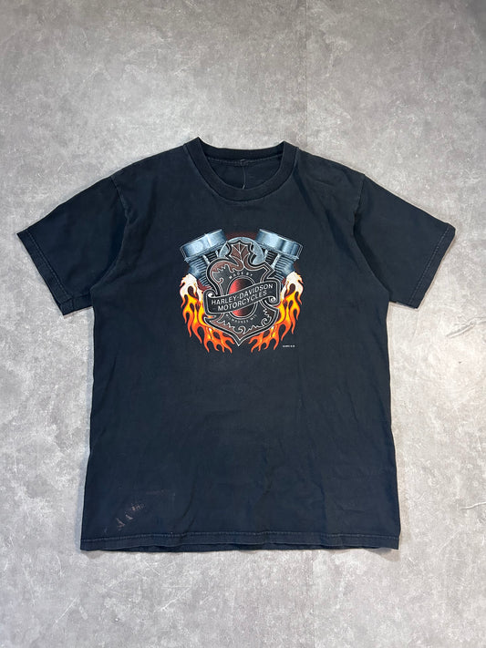 1997 Vintage Harley Davidson Flaming Engine Faded Black T Shirt Size L