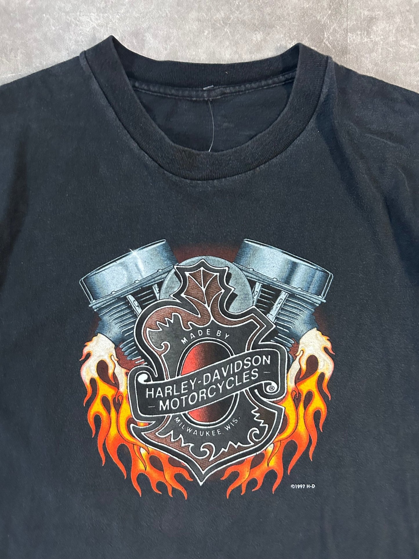 1997 Vintage Harley Davidson Flaming Engine Faded Black T Shirt Size L