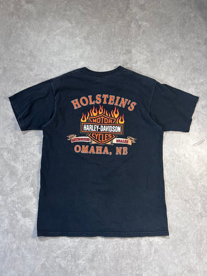 1997 Vintage Harley Davidson Flaming Engine Faded Black T Shirt Size L