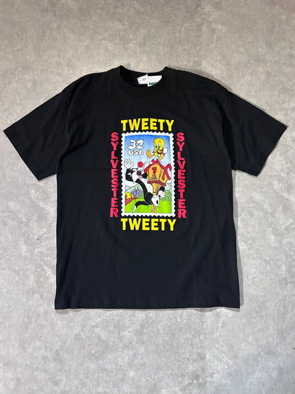 90s Vintage Tweety Bird Looney Tunes Stamp Black T Shirt Size XL - XL | Martin City Vintage