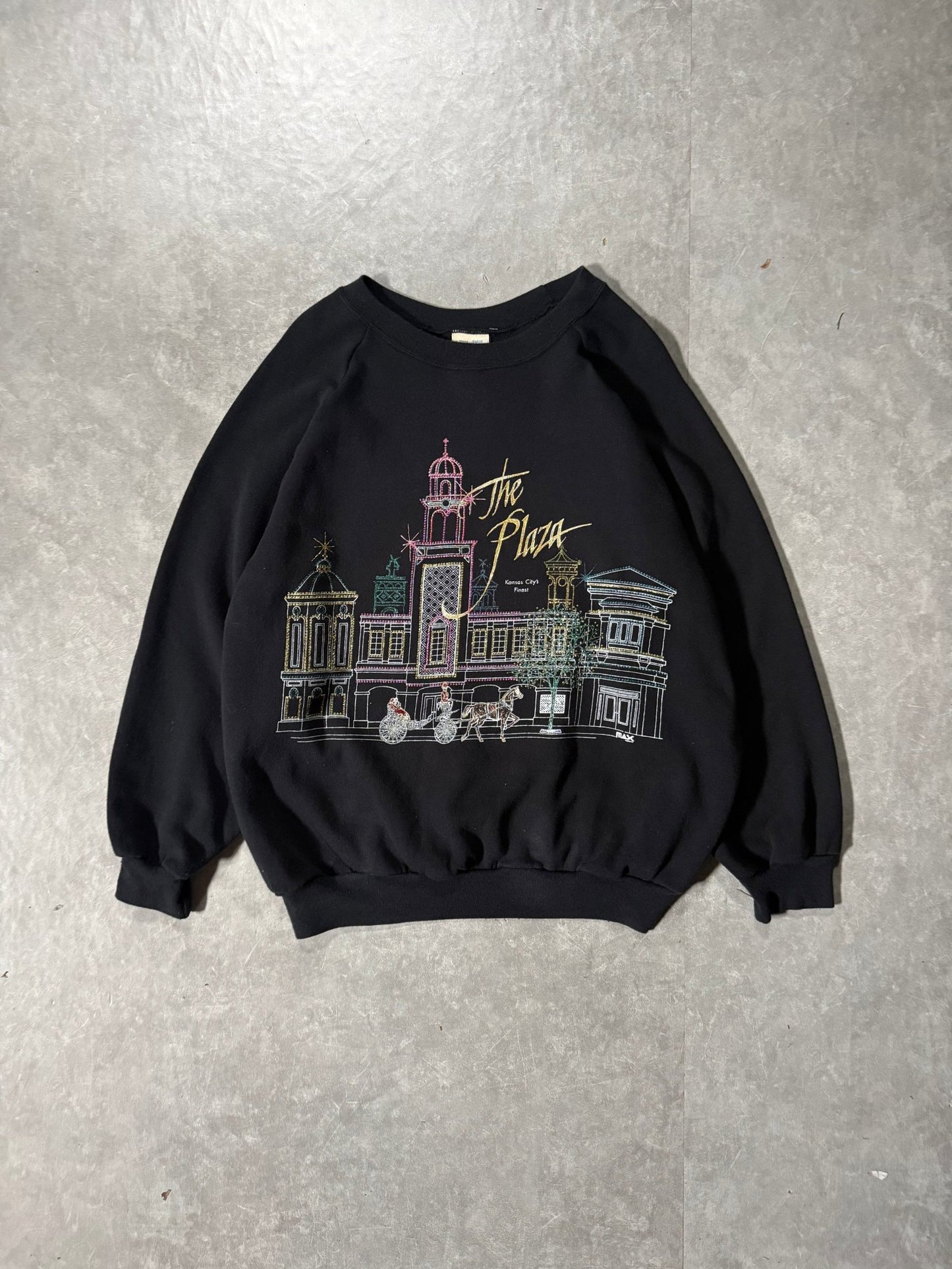 90's Vintage Kansas City Plaza Black Crewneck -XL - XL | Martin City Vintage