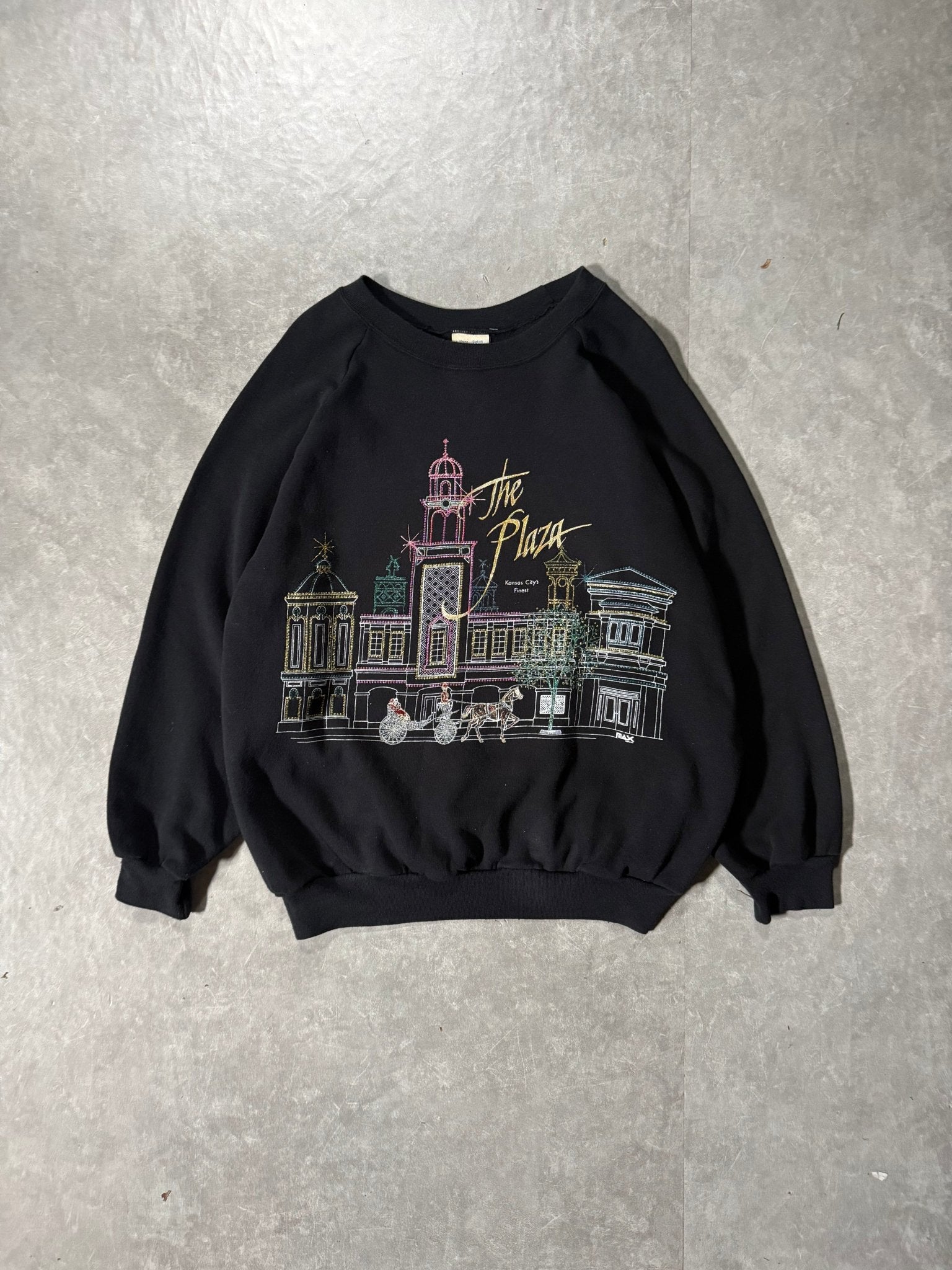 90's Vintage Kansas City Plaza Black Crewneck -XL - XL | Martin City Vintage