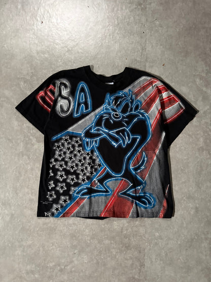 90's Vintage Looney Toons USA Black AOP T-Shirt -L - L | Martin City Vintage
