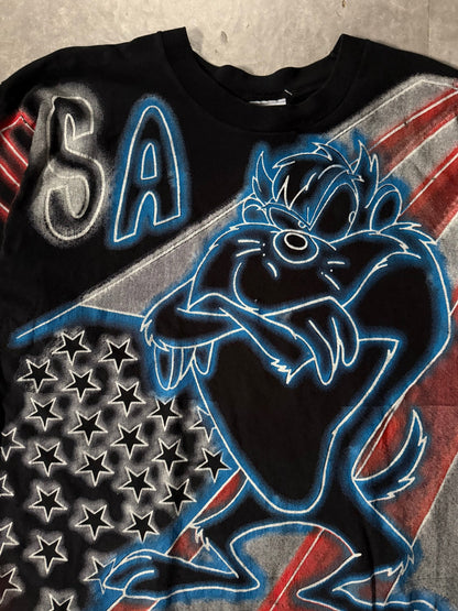 90's Vintage Looney Toons USA Black AOP T-Shirt -L - L | Martin City Vintage