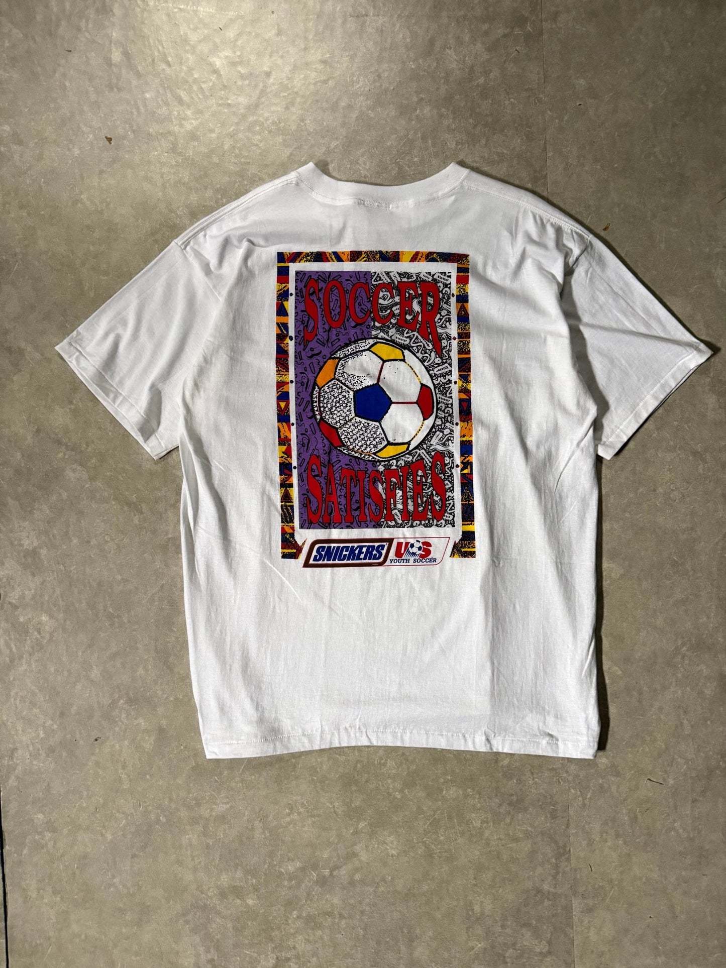 90's Vintage Snickers Soccer White T-Shirt -XL - XL | Martin City Vintage