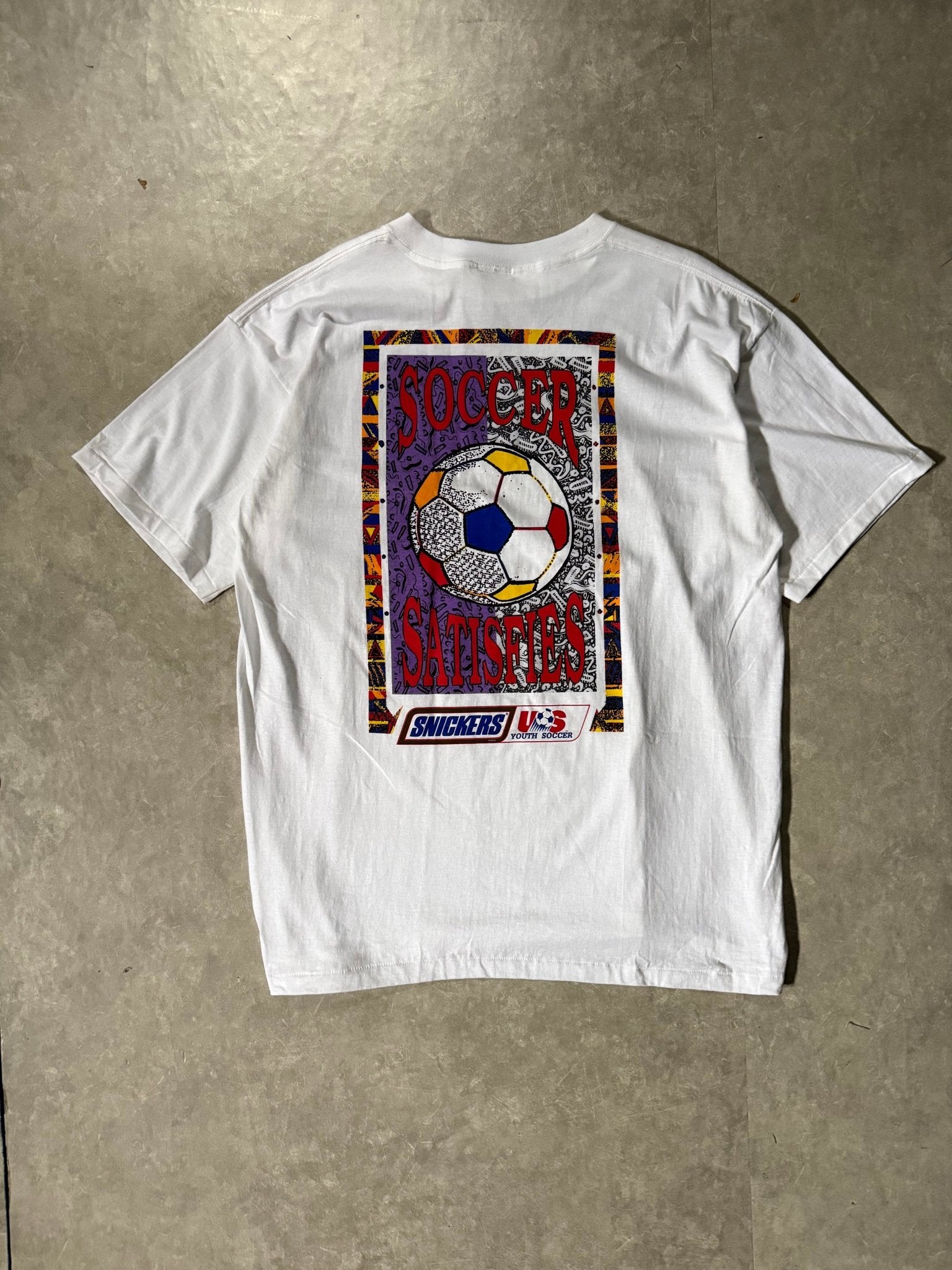 90's Vintage Snickers Soccer White T-Shirt -XL - XL | Martin City Vintage