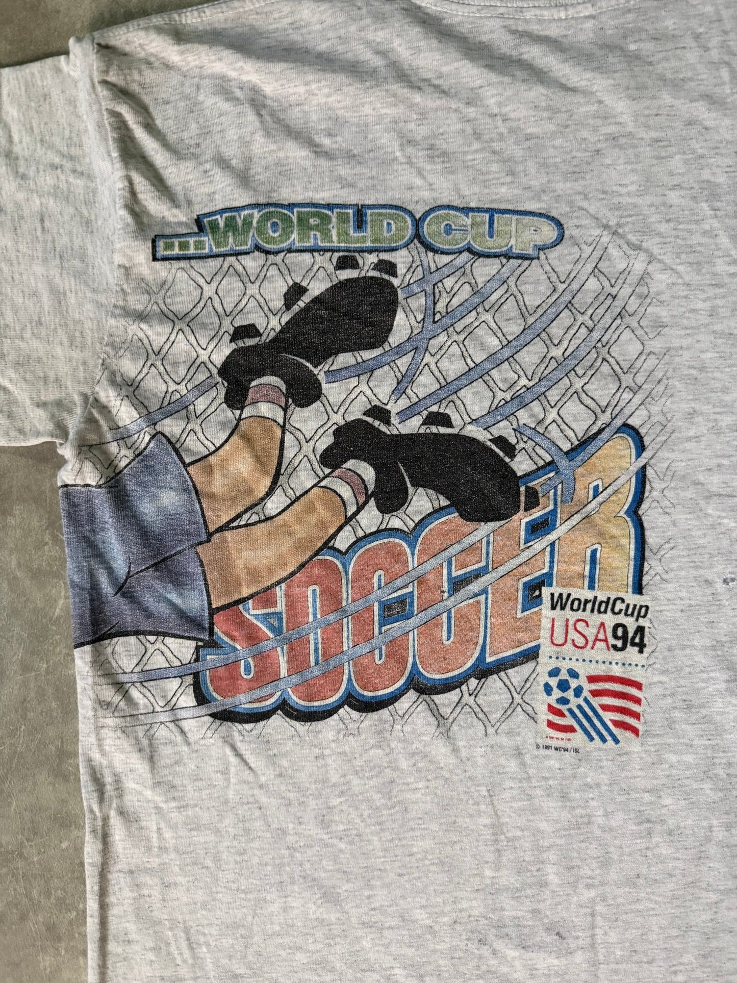 1994 Vintage FIFA World Cup USA Soccer Wrap Around Heather Grey T-Shirt -L - L | Martin City Vintage