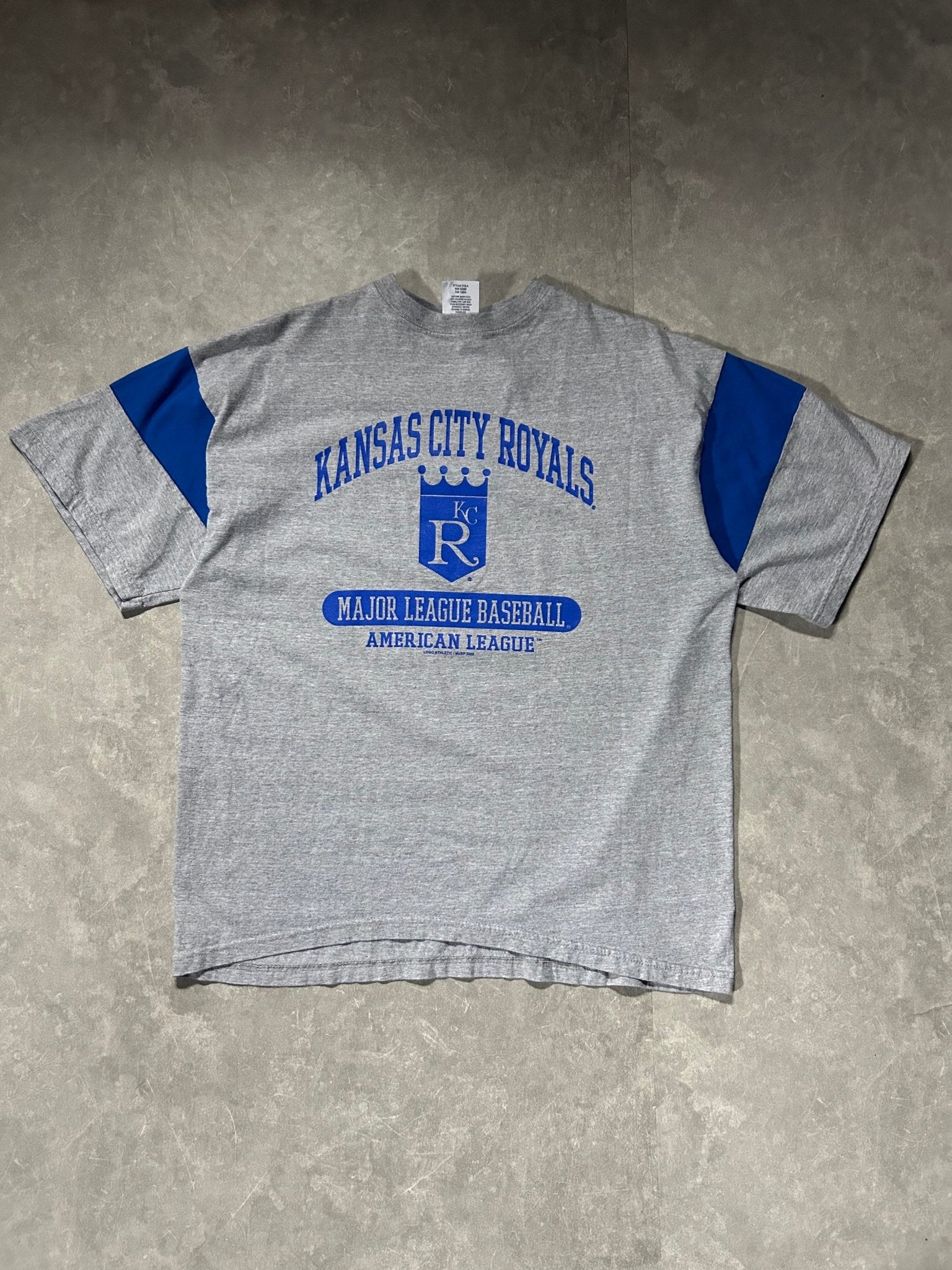 90s Vintage Kansas City Royals Logo Athletic Striped Sleeves Gray T Shirt - XL - XL | Martin City Vintage
