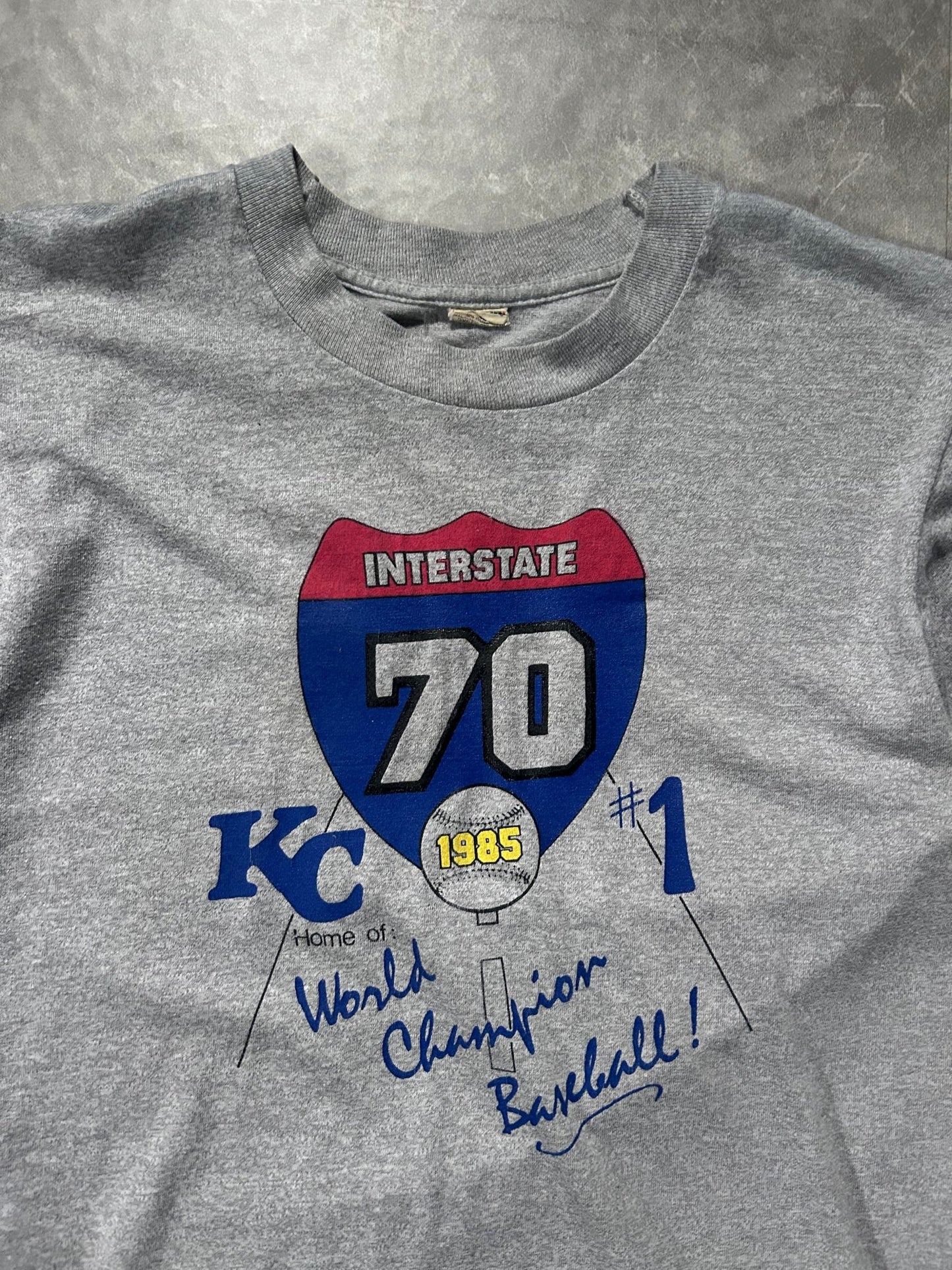 1985 vintage Kansas City Royals I - 70 Series Champs Gray T Shirt - L - L | Martin City Vintage