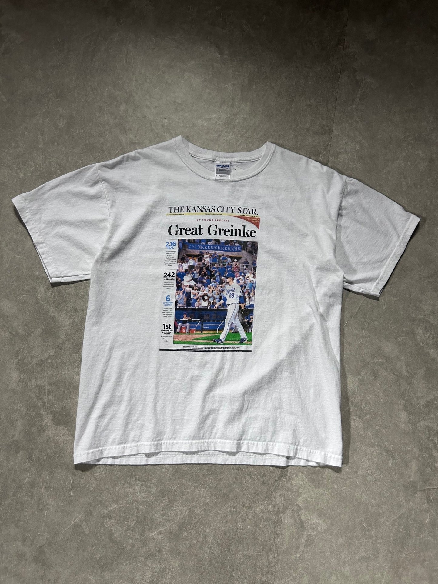 2009 Vintage Kansas City Royals Greinke Newspaper White T Shirt - L - L | Martin City Vintage