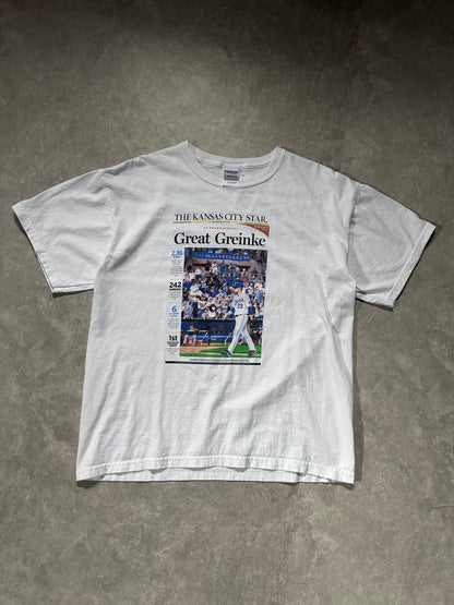 2009 Vintage Kansas City Royals Greinke Newspaper White T Shirt - L - L | Martin City Vintage