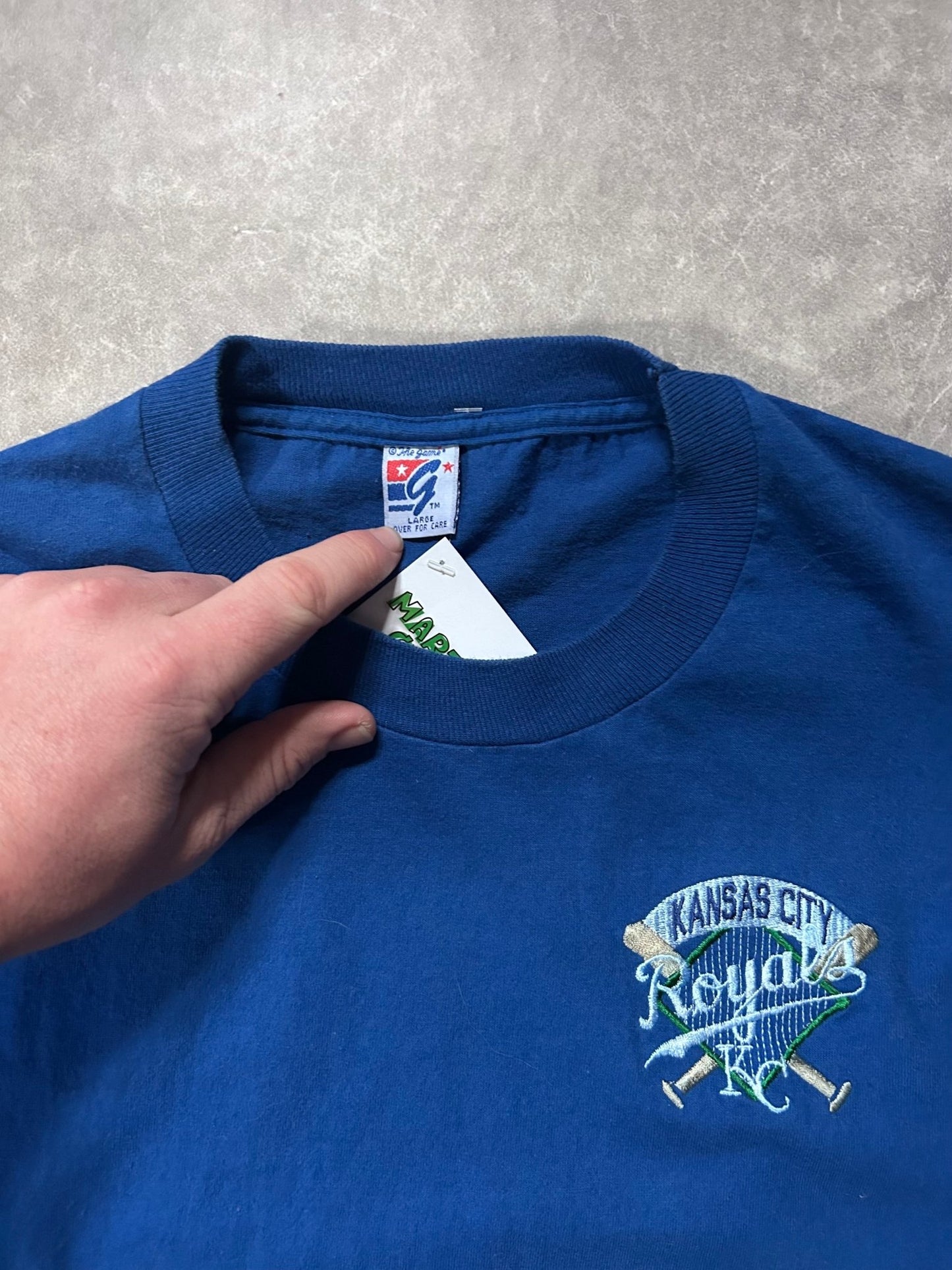 90s Vintage Kansas City Royals The Game Minimalist Embroidered Blue T Shirt - L - L | Martin City Vintage