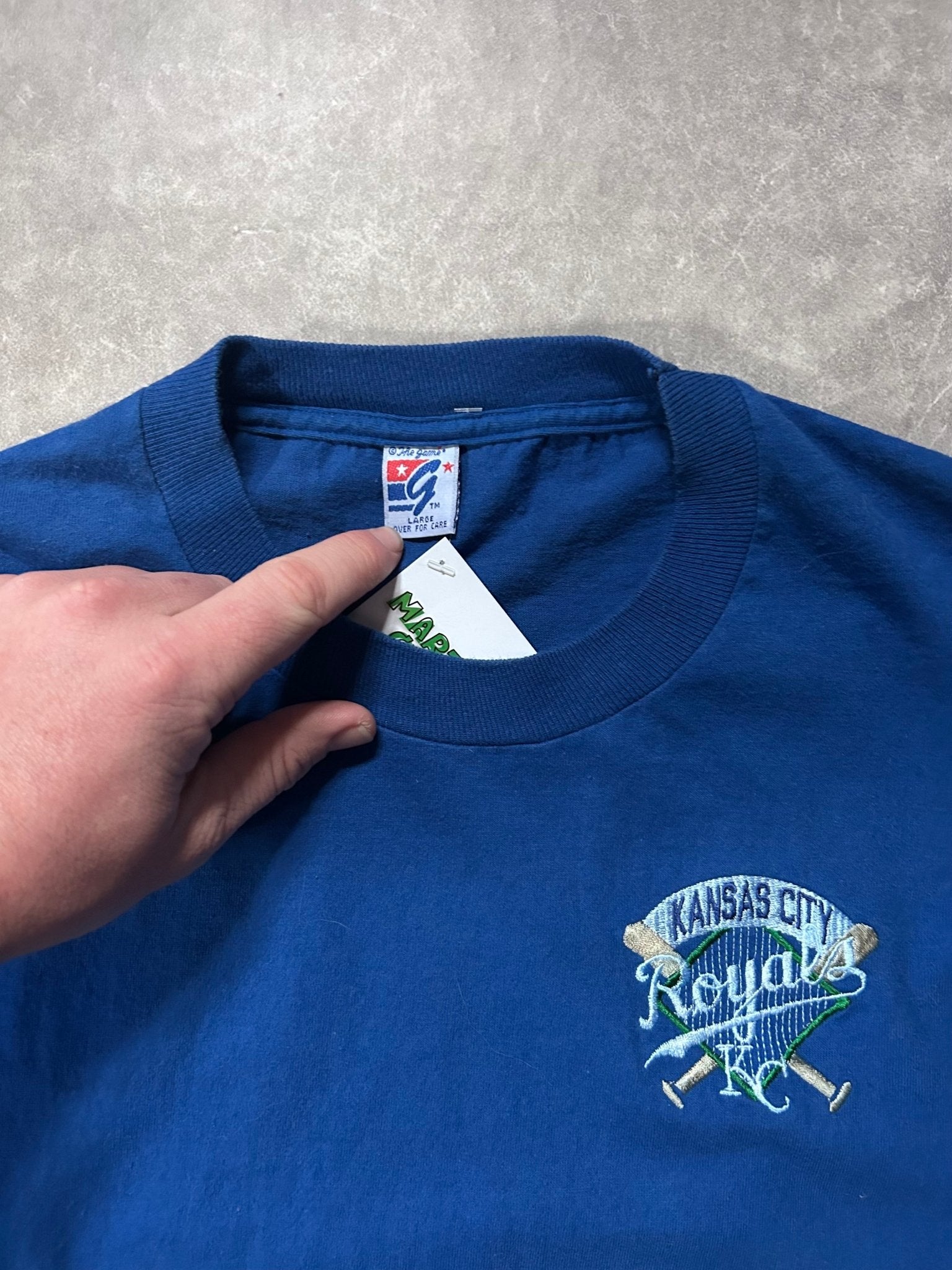 90s Vintage Kansas City Royals The Game Minimalist Embroidered Blue T Shirt - L - L | Martin City Vintage