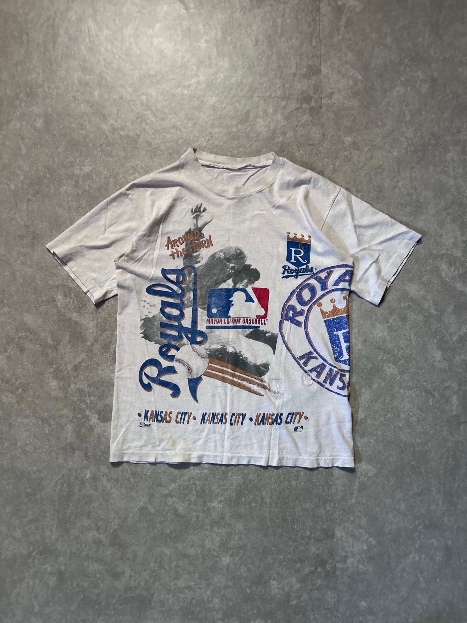 90s Vintage Kansas City Royals Wrap Around Repaired White T Shirt - M - M | Martin City Vintage