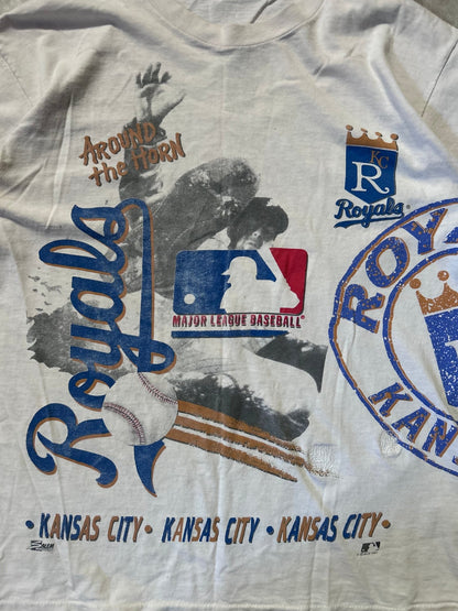90s Vintage Kansas City Royals Wrap Around Repaired White T Shirt - M - M | Martin City Vintage