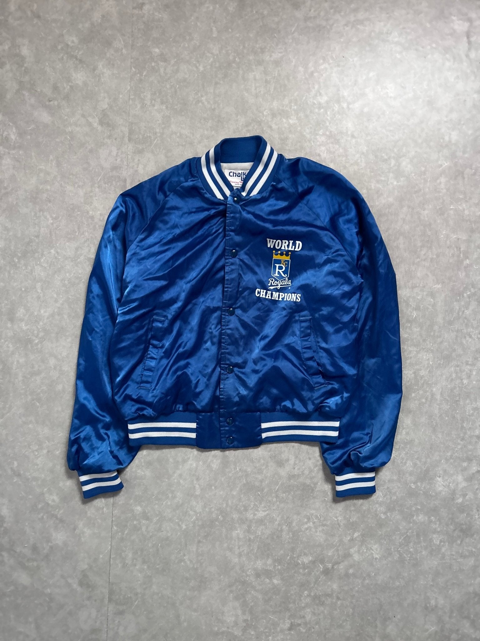 1985 Vintage Kansas City Royals World Series Champs Blue Satin Jacket - L - L | Martin City Vintage