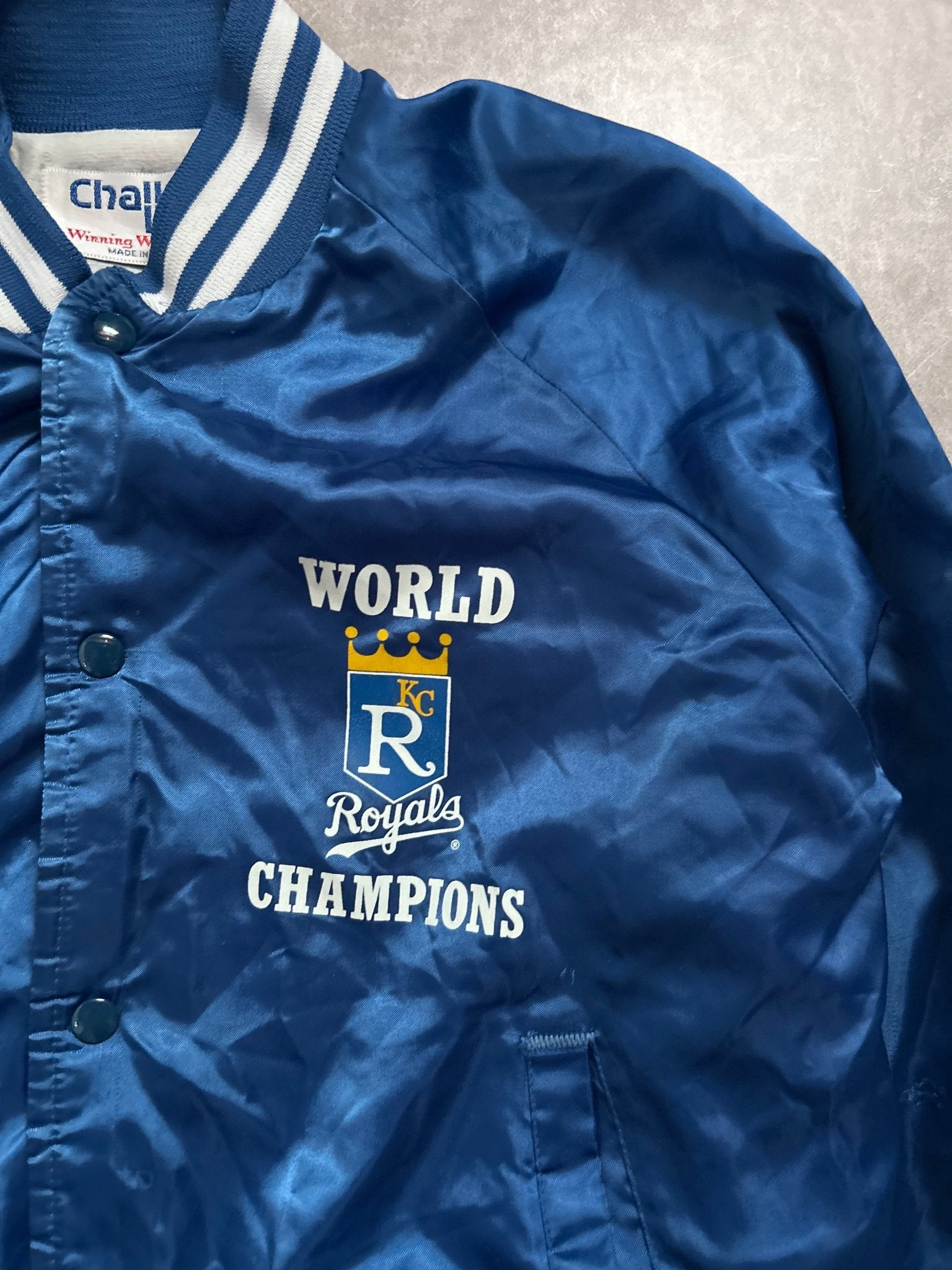 1985 Vintage Kansas City Royals World Series Champs Blue Satin Jacket - L - L | Martin City Vintage