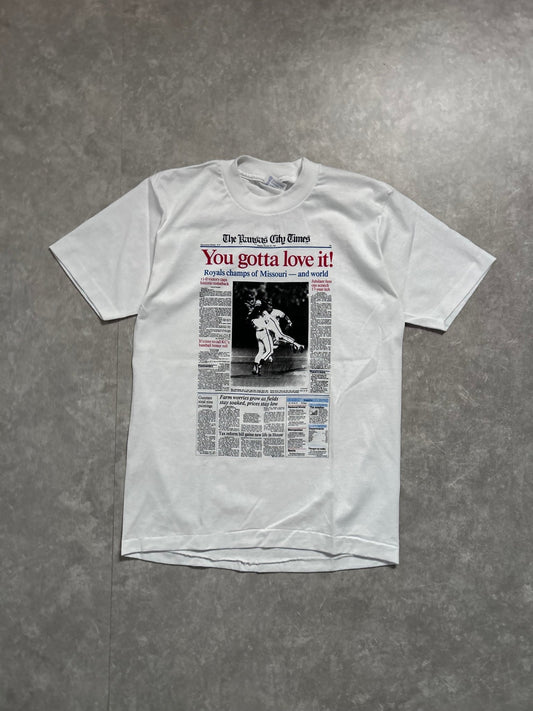 1985 Vintage Kansas City Royals World Series Champs Newspaper White T Shirt - M - M | Martin City Vintage